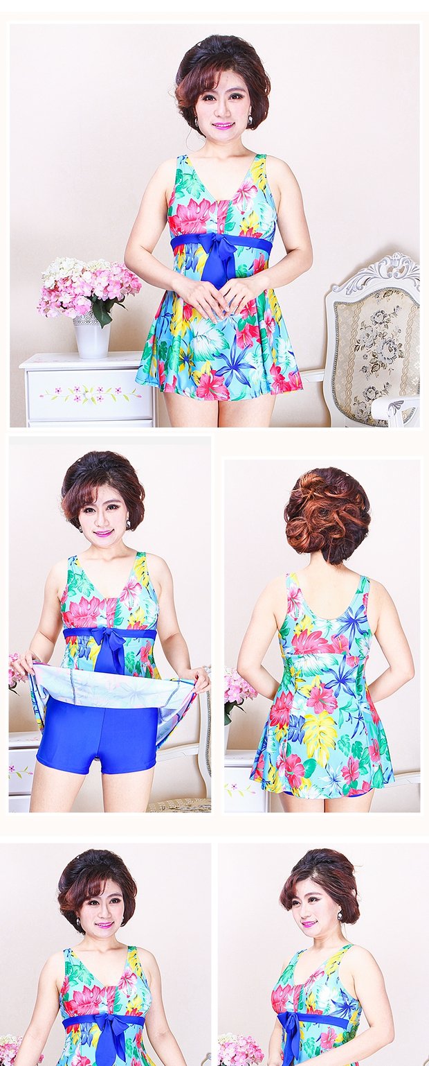 Trung niên trở lên kích thước lớn áo tắm mẹ bảo thủ ngực lớn áo tắm nữ liền kề kiểu váy spa che bụng áo tắm giảm béo đồ bơi 1 mảnh tay dài