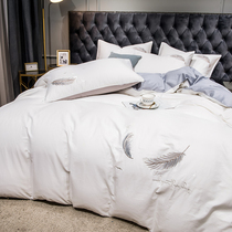 Light luxury style 100% cotton bed skirt four-piece feather embroidery cotton quilt cover skin-friendly anti-static bed hat three-piece set