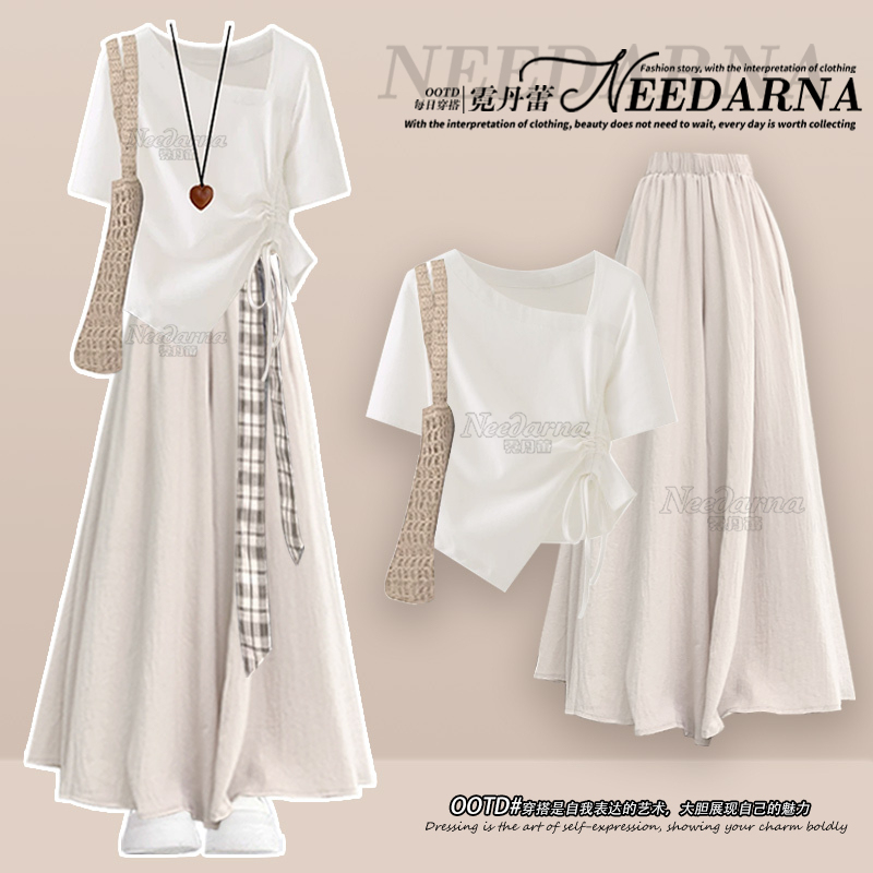 A Very Stylish and Beautiful Dress for Women, a Complete Set of Summer Outfits in a Korean Style with a Relaxed Vibe and a Cinched Waist