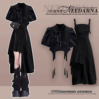 Черная рубашка в национальном стиле + черная юбка-сумка для малышей + черные гетры [Отлично/платье 2025 года, новая летняя женская одежда/женская одежда 2025 года, новая летняя одежда/юбка летняя женщина 2025 года, новый стиль/красивая летняя мини-юбка/платье женское лето 2025 года, новый стиль]