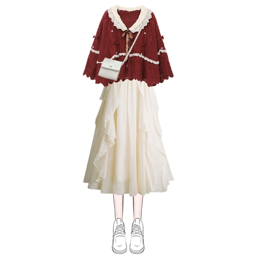 Осеннее платье, красный свитер, комплект, французский стиль, городской стиль