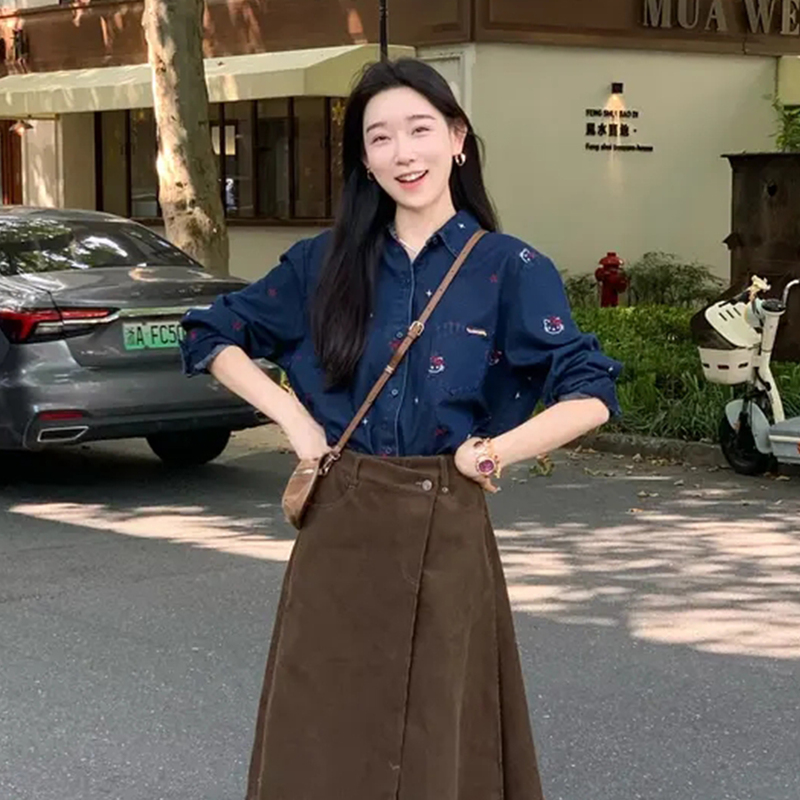 Oajer Flagship Women's Clothing Store's Same Style Spring Hong Kong Style Cartoon Print Kt Cat Denim Shirt