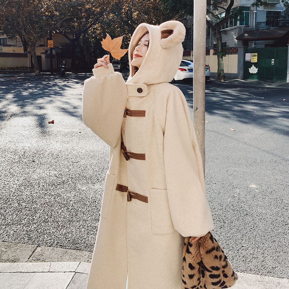 Bear Ears Japanese Cute Mao Cover Woman Medium - Long Edition 2022 New Autumn Winter Cattle Closed Costume Clothing Tide