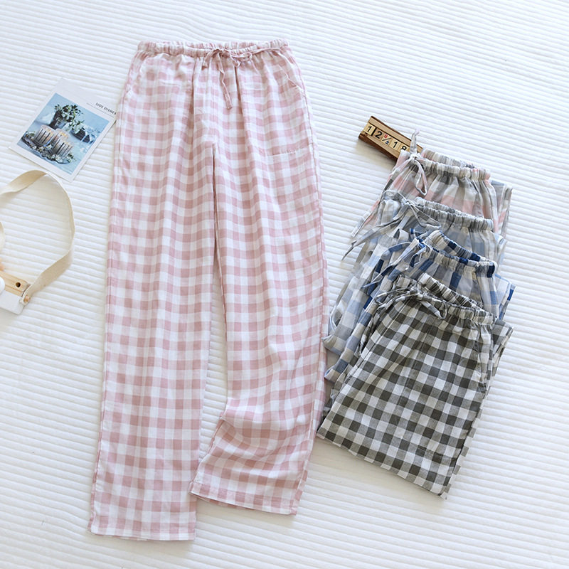 Plaid Sleeping Pants Woman Long Pants Pure Cotton Double Layer Gauze Spring Autumn Thin LOVERS HOME PANTS LOOSE HOUSE MEN