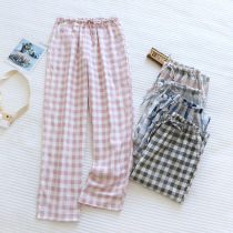 Plaid Sleeping Pants Woman Long Pants Pure Cotton Double Layer Gauze Spring Autumn Thin LOVERS HOME PANTS LOOSE HOUSE MEN