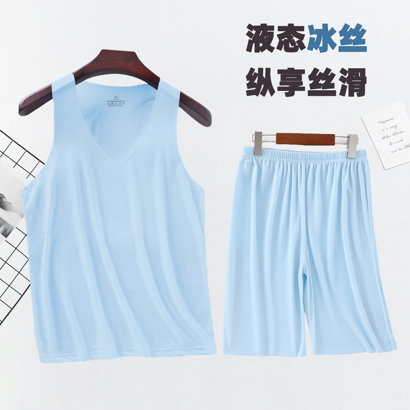 Ice Silk Seamless Pajamas for Men, Summer Wide-Shoulder V-Neck Vest Shorts, Ultra-Thin Casual Sports Home Wear Set Ice Silk Seamless Pajamas for Men, Summer Wide-Shoulder V-Neck Vest Shorts, Ultra-Thin Casual Sports Home Wear Set