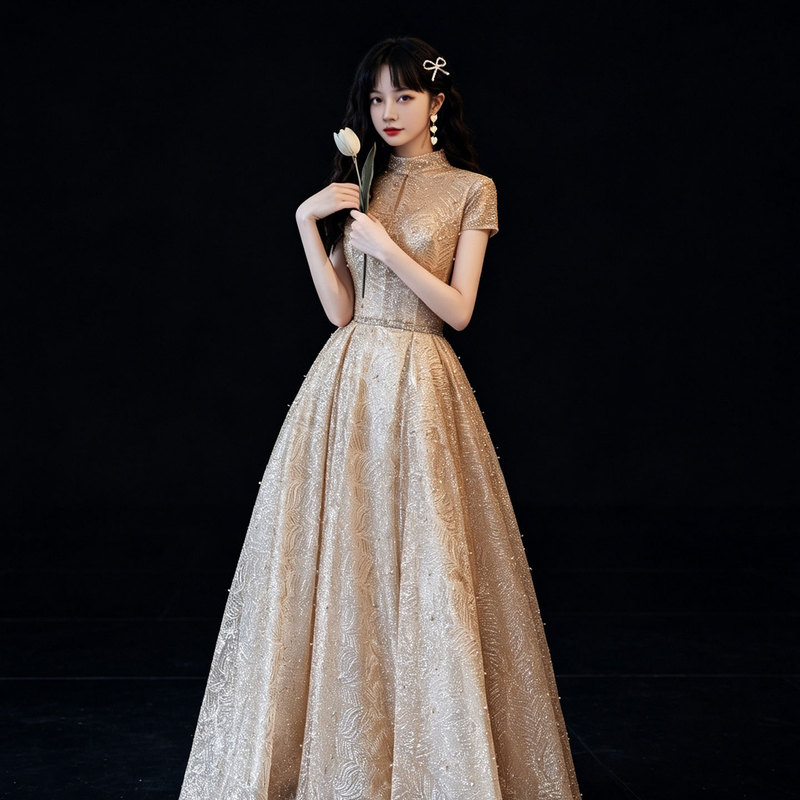 New Gold Adult Ceremony Evening Dress Banquet Annual Meeting High-Neck Short-Sleeve Vocal Performance Dress Piano Performance Dress New Gold Adult Ceremony Evening Dress Banquet Annual Meeting High-Neck Short-Sleeve Vocal Performance Dress Piano Performance Dress