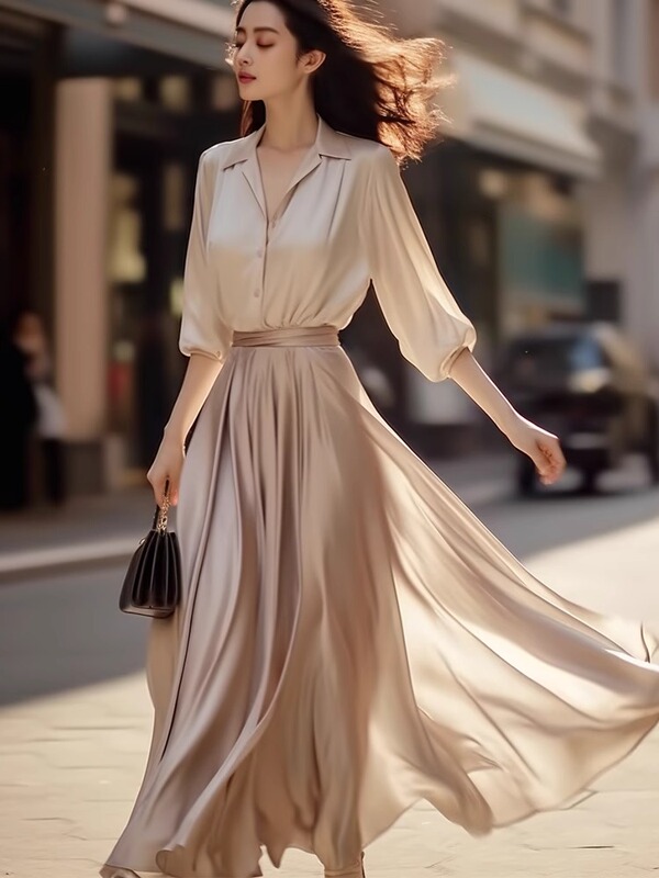 This Year's Popular Formal Occasion Dress with a High-End Feel, Acetate Satin Shirt Dress Set for Women in Summer