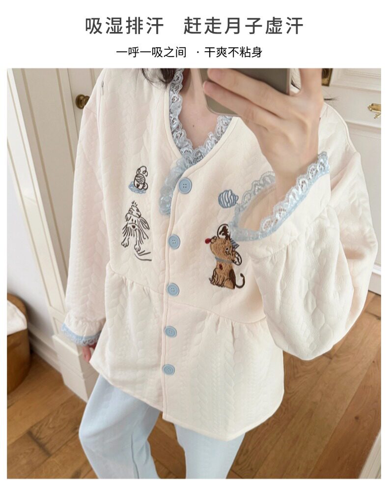 春秋冬季带胸垫加厚空气棉月子服免穿内衣夹层孕妇睡衣带帽子套装 — 7