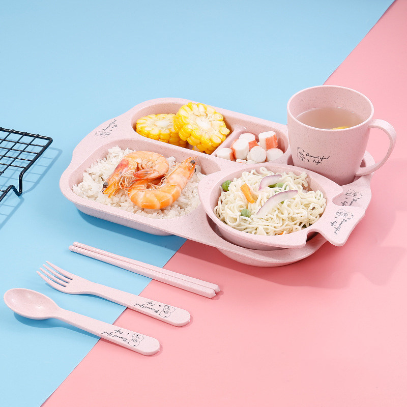 Children Cutlery Sets Wheat Straw Sub-Lattice Dinner Plate Cute Kindergarten Children Bowls Spoon Fork Resistant to Microwave Oven