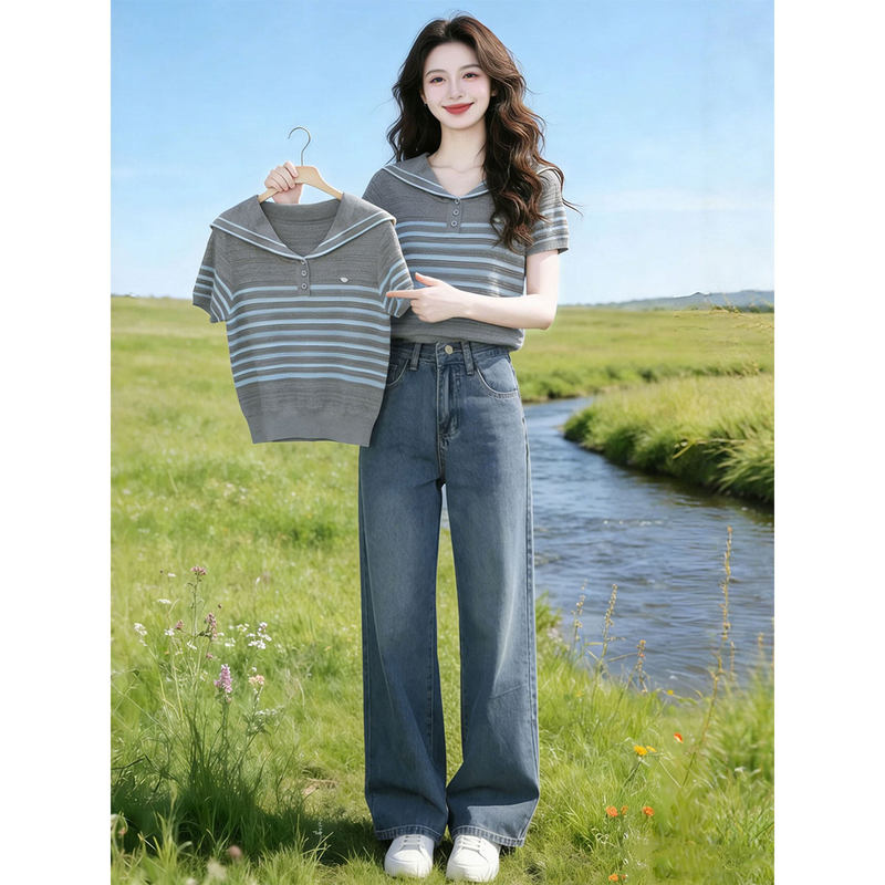 2026 Super Trendy Summer Outfit, a Complete Set of Unique and Beautiful Korean-Style College-Style Navy Collar Knitted T-Shirt and Jeans Set