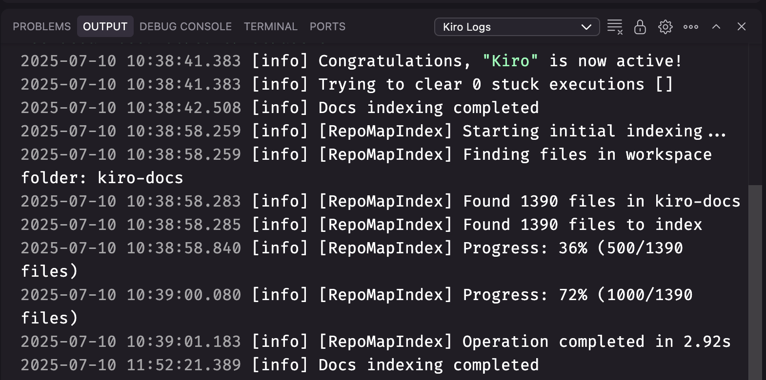 Kiro Logs 显示索引进度
