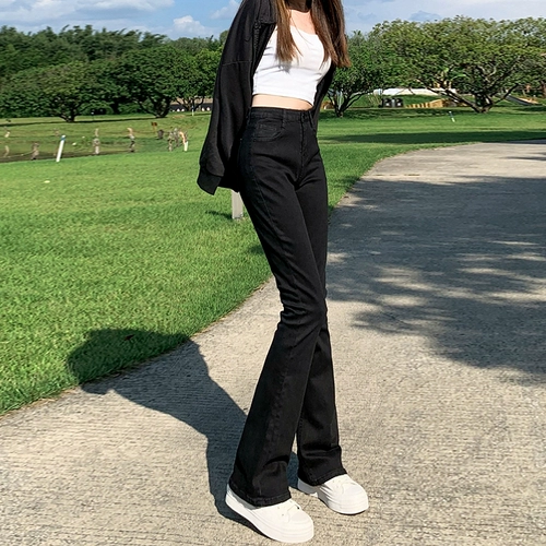 Черные флисовые весенние джинсы, штаны, приталенные штаны-клёш, коллекция 2023, высокая талия, облегающий крой, подходит для подростков