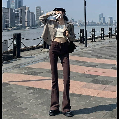 Весенние осенние джинсы, штаны, эластичные штаны-клёш, высокая талия, по фигуре, в обтяжку