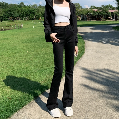 Черные флисовые весенние джинсы, штаны, приталенные штаны-клёш, коллекция 2023, высокая талия, облегающий крой, подходит для подростков