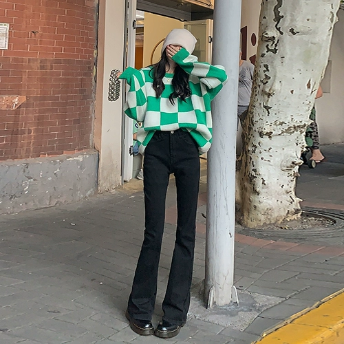 Весенние осенние джинсы, штаны, эластичные штаны-клёш, высокая талия, по фигуре, в обтяжку