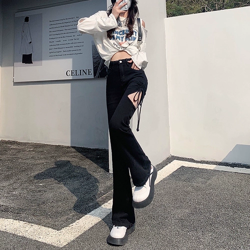 Черные приталенные джинсы, демисезонные штаны, мегафон, высокая талия, по фигуре, подходит для подростков