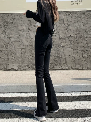 Черные джинсовые осенние джинсы, штаны, приталенные штаны-клёш, новая коллекция, высокая талия, по фигуре, подходит для подростков