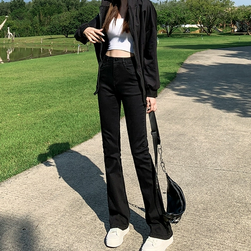 Черные флисовые весенние джинсы, штаны, приталенные штаны-клёш, коллекция 2023, высокая талия, облегающий крой, подходит для подростков