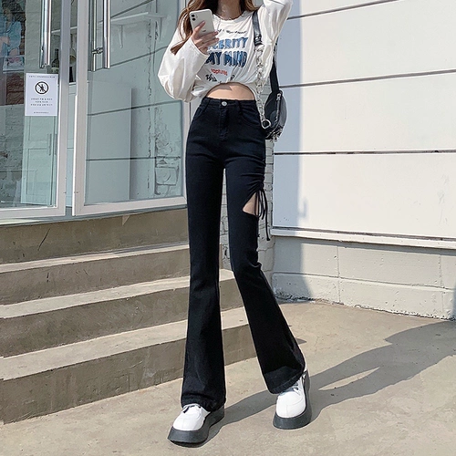 Черные приталенные джинсы, демисезонные штаны, мегафон, высокая талия, по фигуре, подходит для подростков