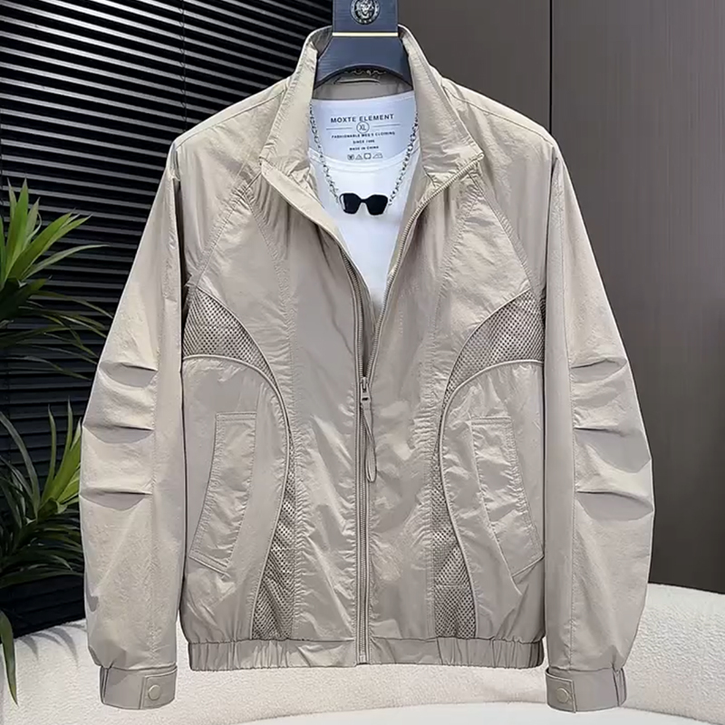 Cool Casual Style Stand Collar Patchwork Jacket for Men, Spring and Autumn Loose Design, Fashionable Structured Men's Outerwear with Mesh Details