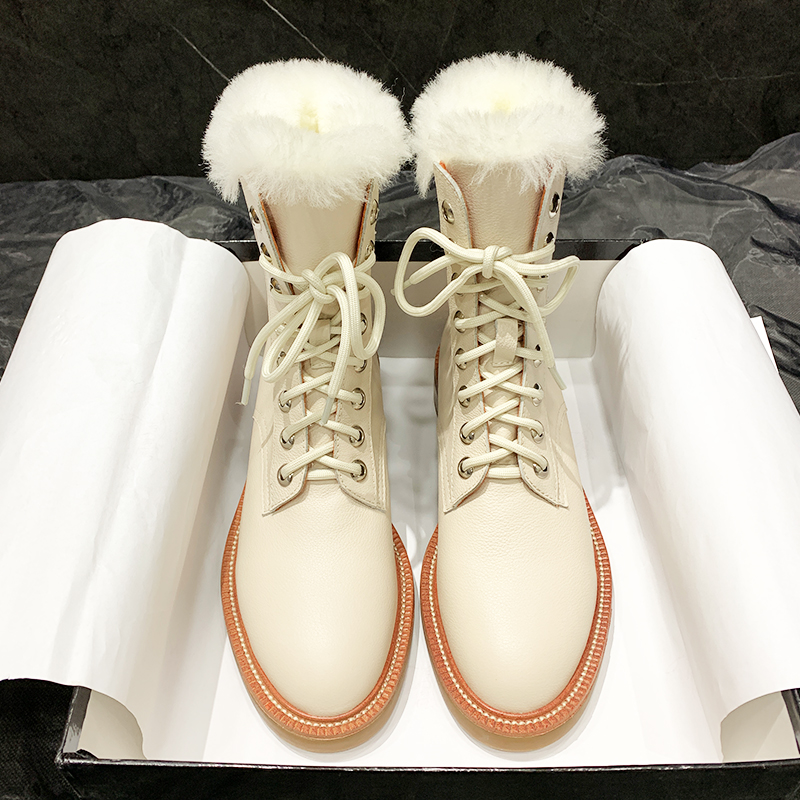 Original Martin boots female British style new leather thick bottom white rabbit fur short boots autumn and winter plus velvet thick tide ins