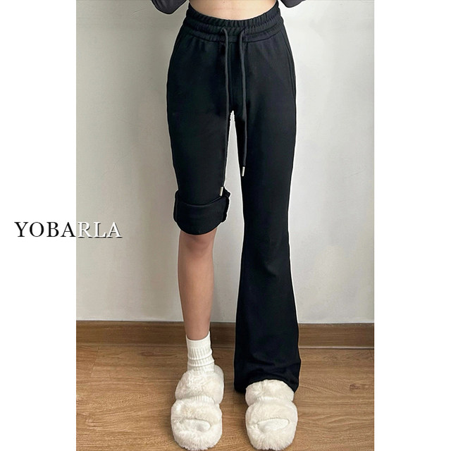 Black elastic slightly flared casual pants for women in winter plus velvet  high waist large size