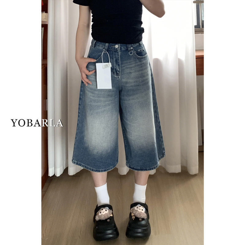 American-Style Wide-Leg Denim Capri Pants for Women, New Summer Style, Plus Size, Loose Fit, Slimming, Pear-Shaped Body, Straight-Leg Shorts