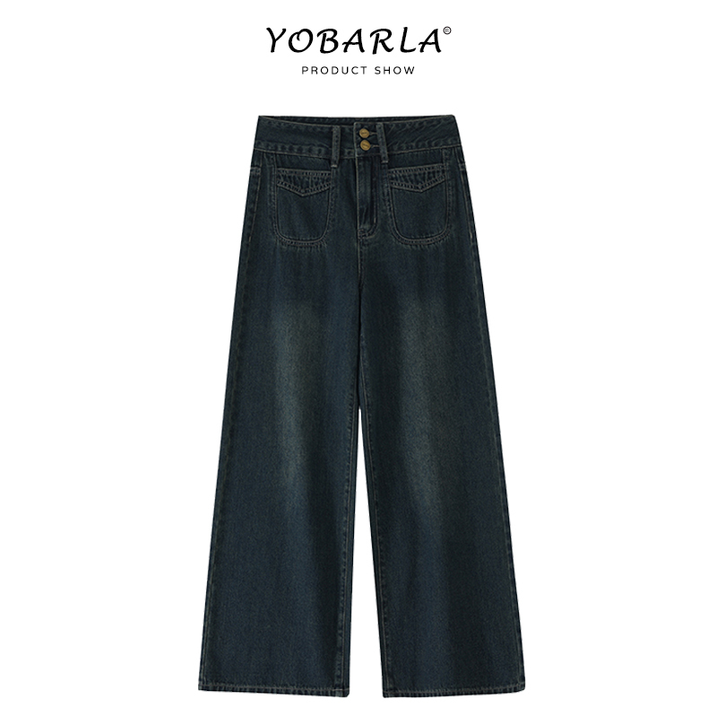 Retro Blue Wide-Leg Jeans for Women, New Autum Style, Large Size, Loose Fit, Slimming, Pear-Shaped Body, High-Waisted Straight Pants