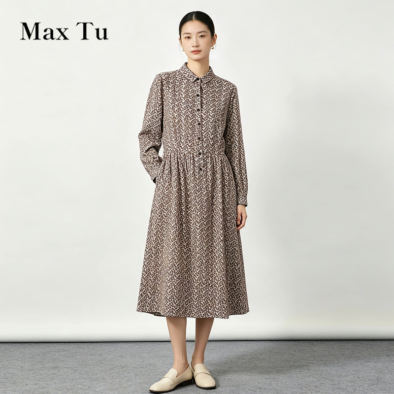 Max Tu Women's Clothing 26 Autumn Casual Shirt Cotton Dress Long Sleeve Waist-Cinching A-Line Printed Dress Aesthetic Long Dress