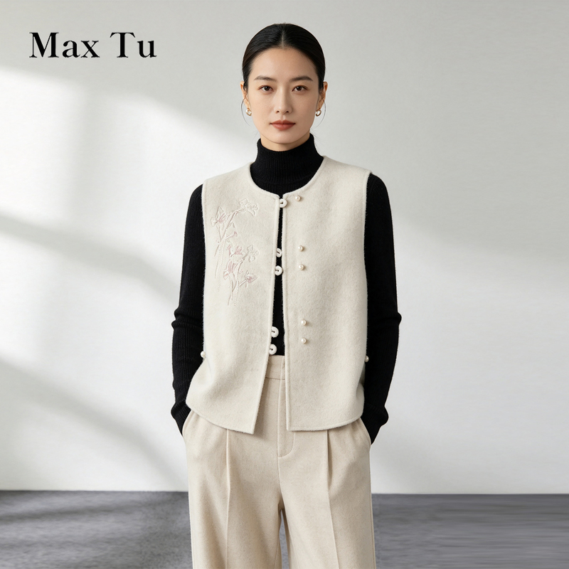 Max Tu Women's Clothing 26 Autumn/Winter New Chinese Style National Style Embroidered Double-Sided Wool Vest Simple Versatile Woolen Waistcoat