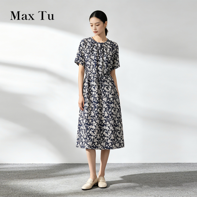 Max Tu Women's 2026 Single Layer Casual Navy Blue and White Printed Cotton Dress Summer Short Sleeve Slimming A-Line Midi Dress