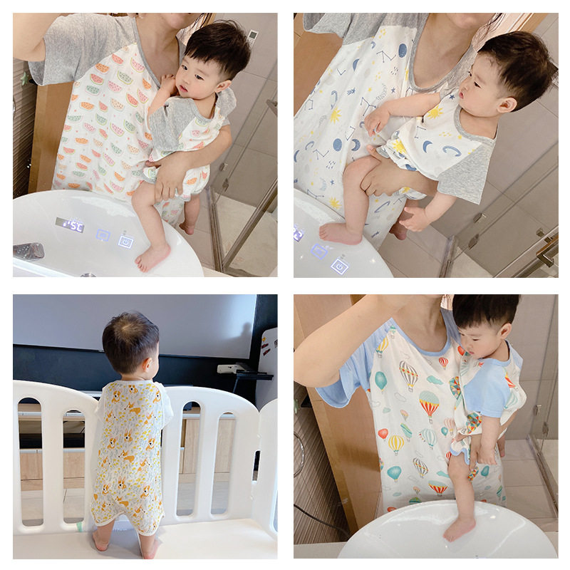 Summer ultra-thin parent-child sleepwear Bamboo cotton baby boy's baby gauze sleeping bag Sleeping Bag Pyjamas couches suit Mom's sleeping dress