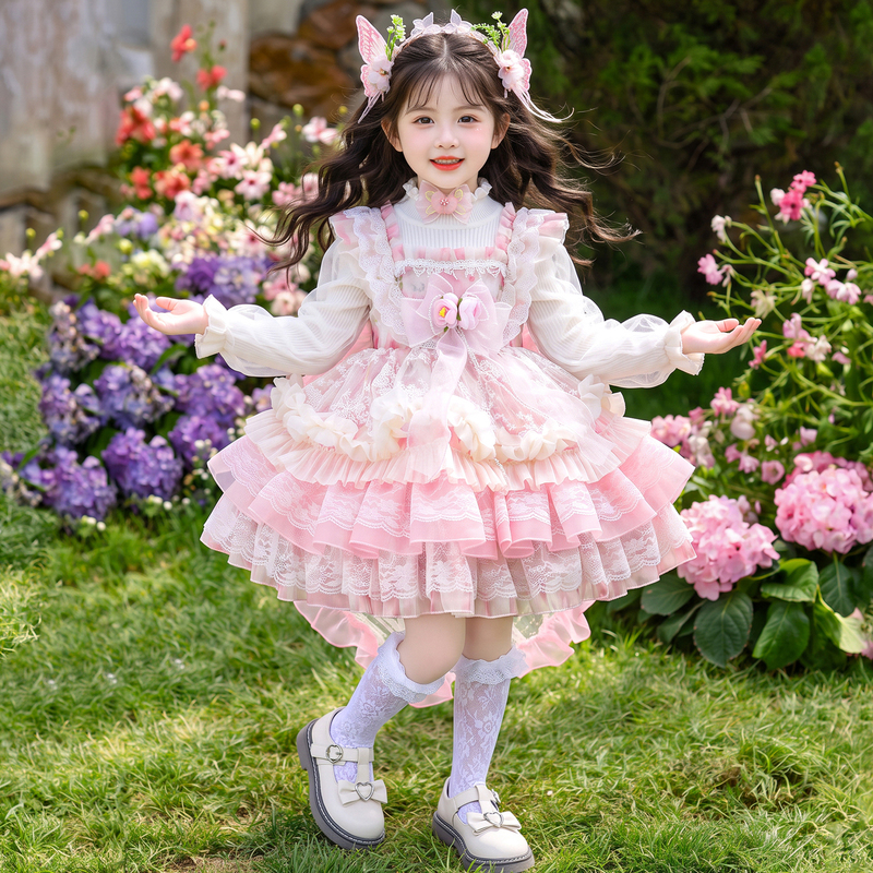 Girls' Autumn Lolita Princess Dress with Floral Embellishments, Super Fairy Mesh Puffy Birthday Gown Dress for Children Girls' Autumn Lolita Princess Dress with Floral Embellishments, Super Fairy Mesh Puffy Birthday Gown Dress for Children
