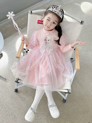 Лонгслив для девочек, наряд маленькой принцессы, платье с бантиком, юбка, осенний, «Холодное сердце», из фатина