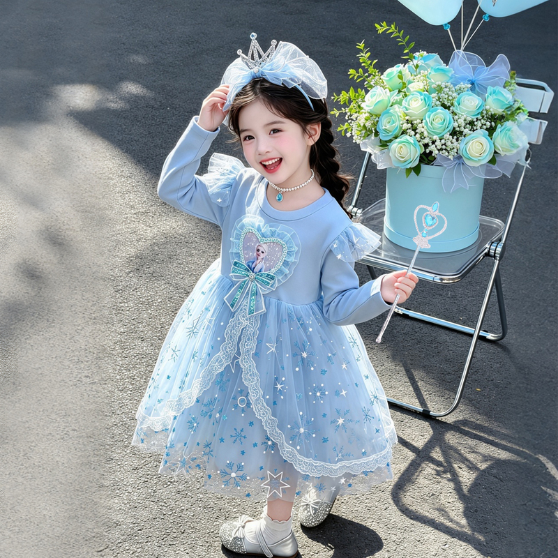 Frozen Snowflake Love Elsa Princess Dress Autumn Children's Long Sleeve Mesh Elsa Dress Girls' Dress
