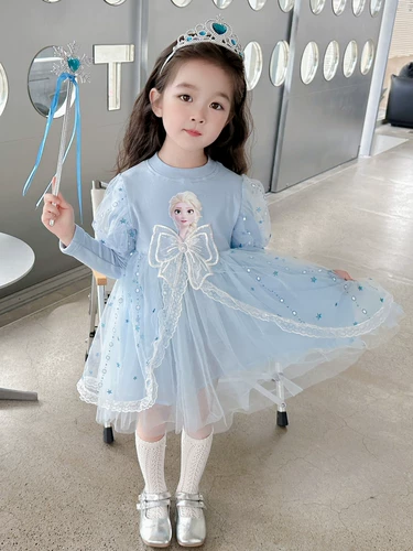 Лонгслив для девочек, наряд маленькой принцессы, платье с бантиком, юбка, осенний, «Холодное сердце», из фатина