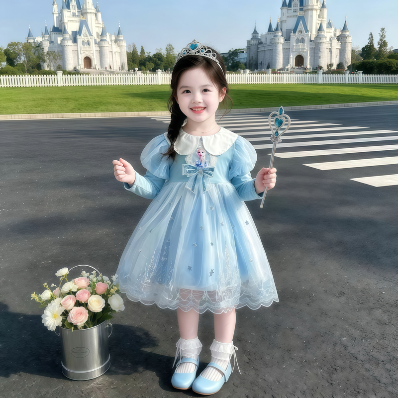 Girls' Autumn Doll Collar Long-Sleeve Elsa Princess Dress Children's Puff Sleeve Elsa Dress Mesh Skirt Autumn Outfit