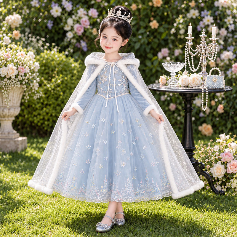 Girls' Autumn and Winter Cape Snowflake Elsa Princess Dress High-End Formal Dress Tulle Birthday Puffy Elsa Dress