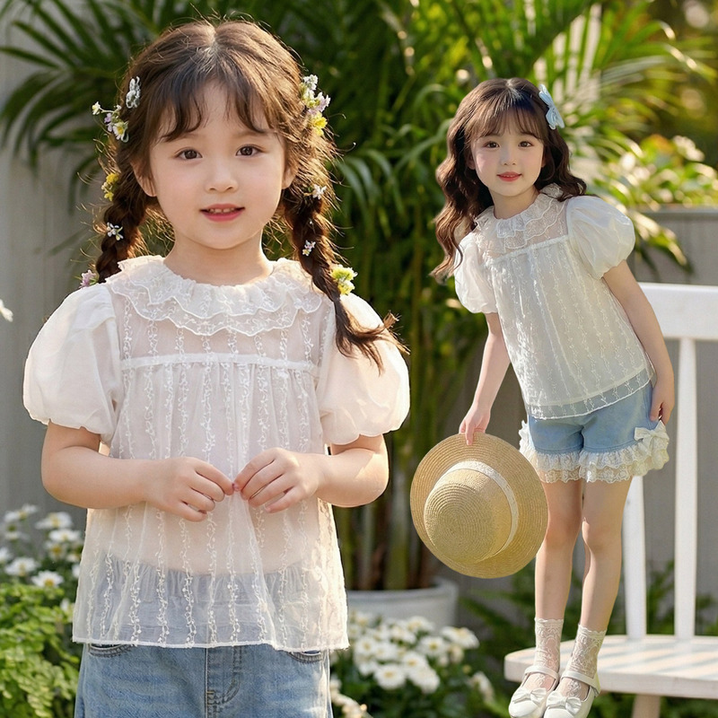 Girls' Summer Lolita Short-Sleeved Lace Base Shirt 2026 New Puff Sleeve Lace Collar Thin Versatile Top Girls' Summer Lolita Short-Sleeved Lace Base Shirt 2026 New Puff Sleeve Lace Collar Thin Versatile Top