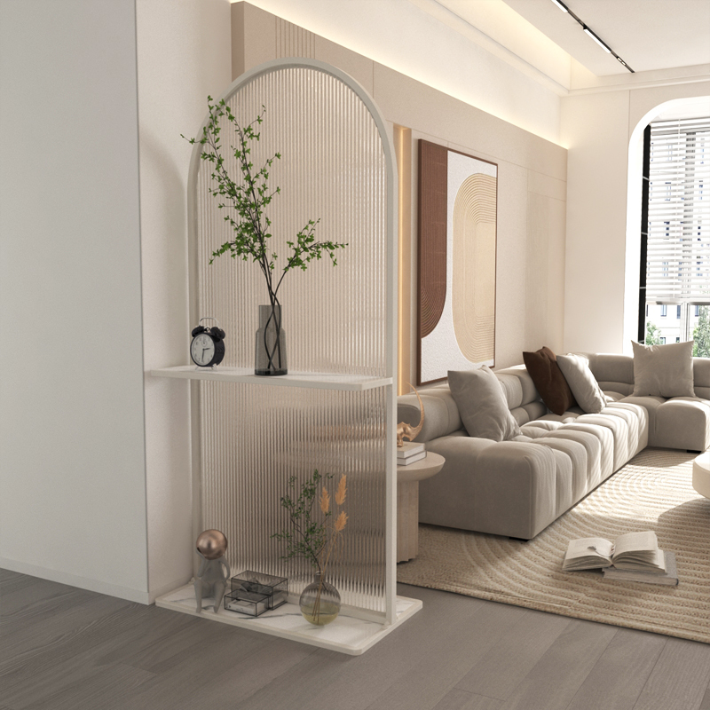 Cream-Style Entrance Sofa, Art Glass Partition Shelf, Entryway Facing the Door, Living Room Foyer Screen, Movable