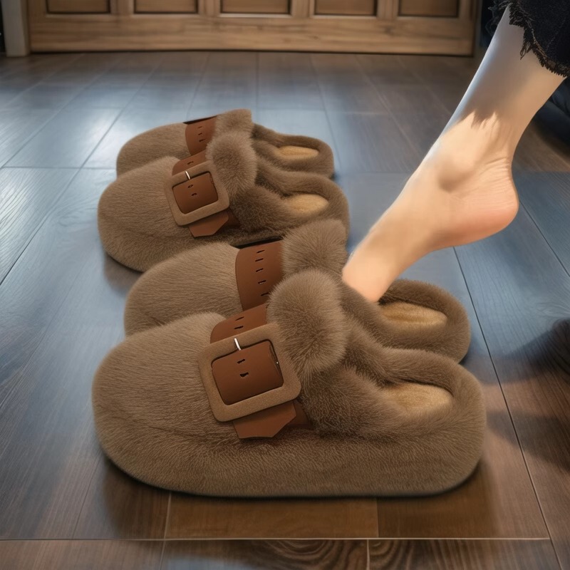 Rabbit Fur Plush Closed-Toe Slippers for Women, Outdoor Wear, 2025 New Autumn and Winter Thick-Soled Slip-On Slippers for Pregnant Women, High-End Cotton Slippers