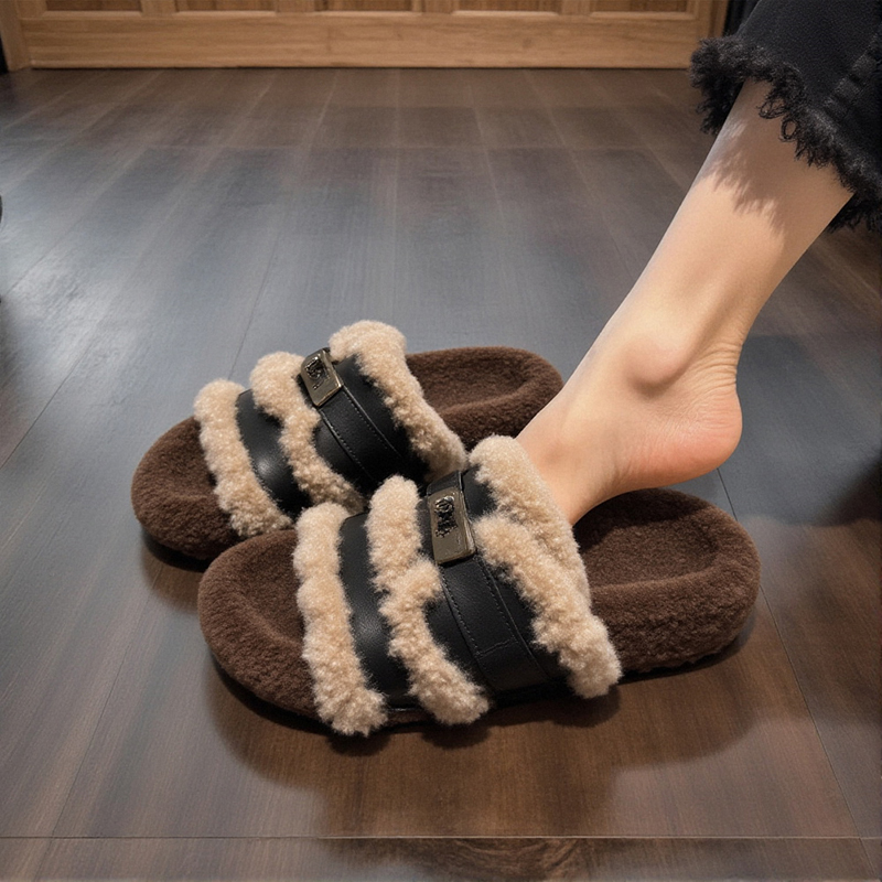 Lamb Wool Thick-Soled Furry Slippers for Women, Suitable for Outdoor Wear, 2025 New Autumn and Winter Model, Melard Genuine Leather Soft Sole, Paired with Skirts, Cotton Slippers