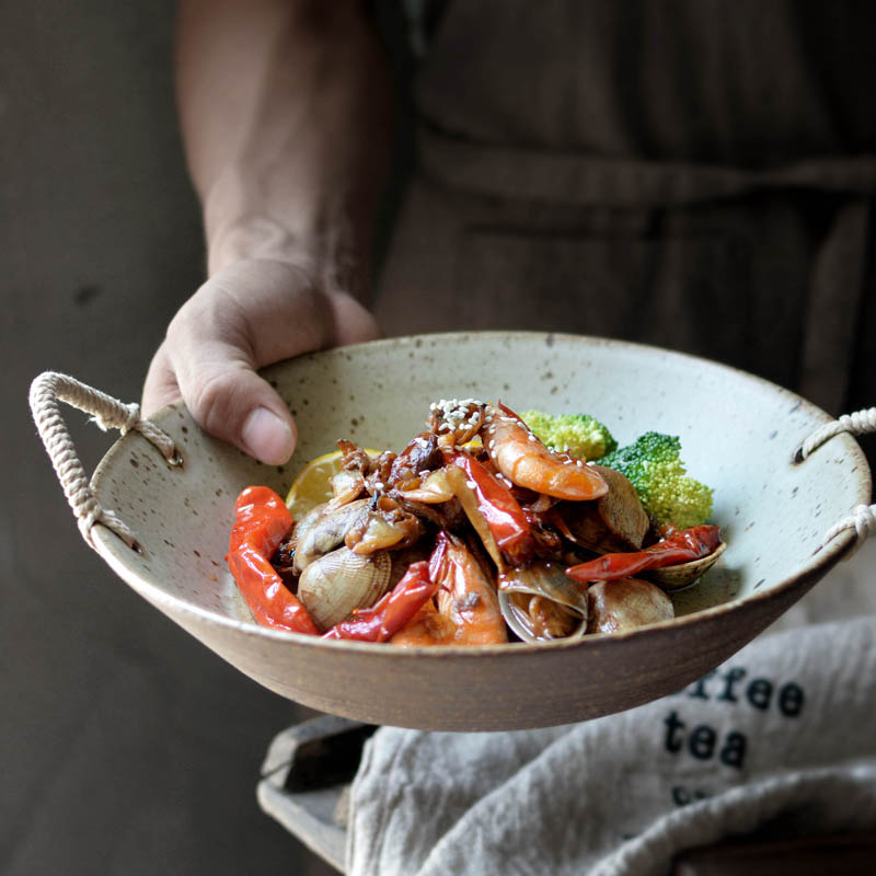 Pure Hand Home Day Style Coarse Pottery Dinner Plate Disc Fruit Pan Snack Dish Hemp Rope Handle Made Old Ceramic Cutlery Dish