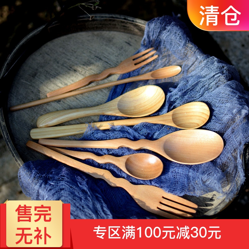 Japanese wooden long handle coffee spoon honey spoon rice spoon baby spoon fork fruit fork log natural environmental protection