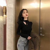 2021 autumn and winter New Heart Machine half high collar inner tee T-shirt female black slim Joker long sleeve base shirt coat tide