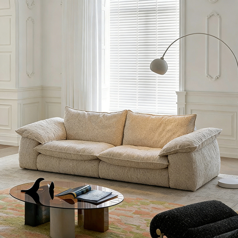Italian Minimalist Elephant Ear Sofa for Living Room, Modern Simple Cream Style Straight Row Three-Seater Fabric Sofa, Removable and Washable