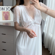 Palace Wind Sleeping Skirts women Summer short sleeves lace at home Ice Silk Thin princess Long with kneecap pyjamas pyjamas