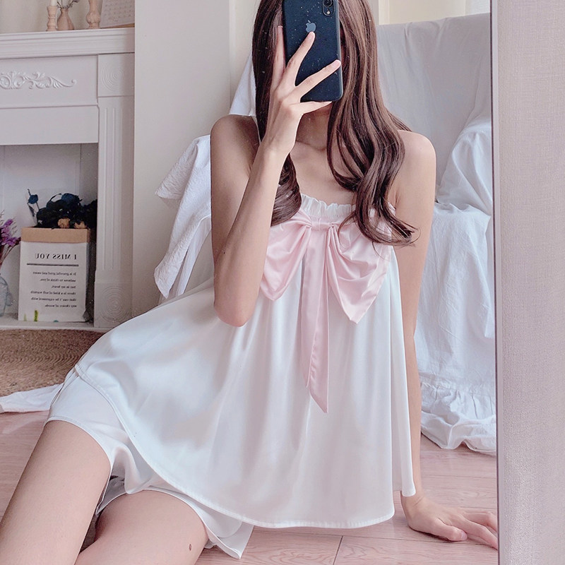 Pajamas girls summer ice silk bow suspenders shorts two-piece suit thin cute Japanese sweet home clothes