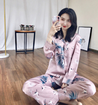 Spring new pajamas womens satin thin sexy Crane National tide print loose long sleeve trousers Net red sleep pajamas